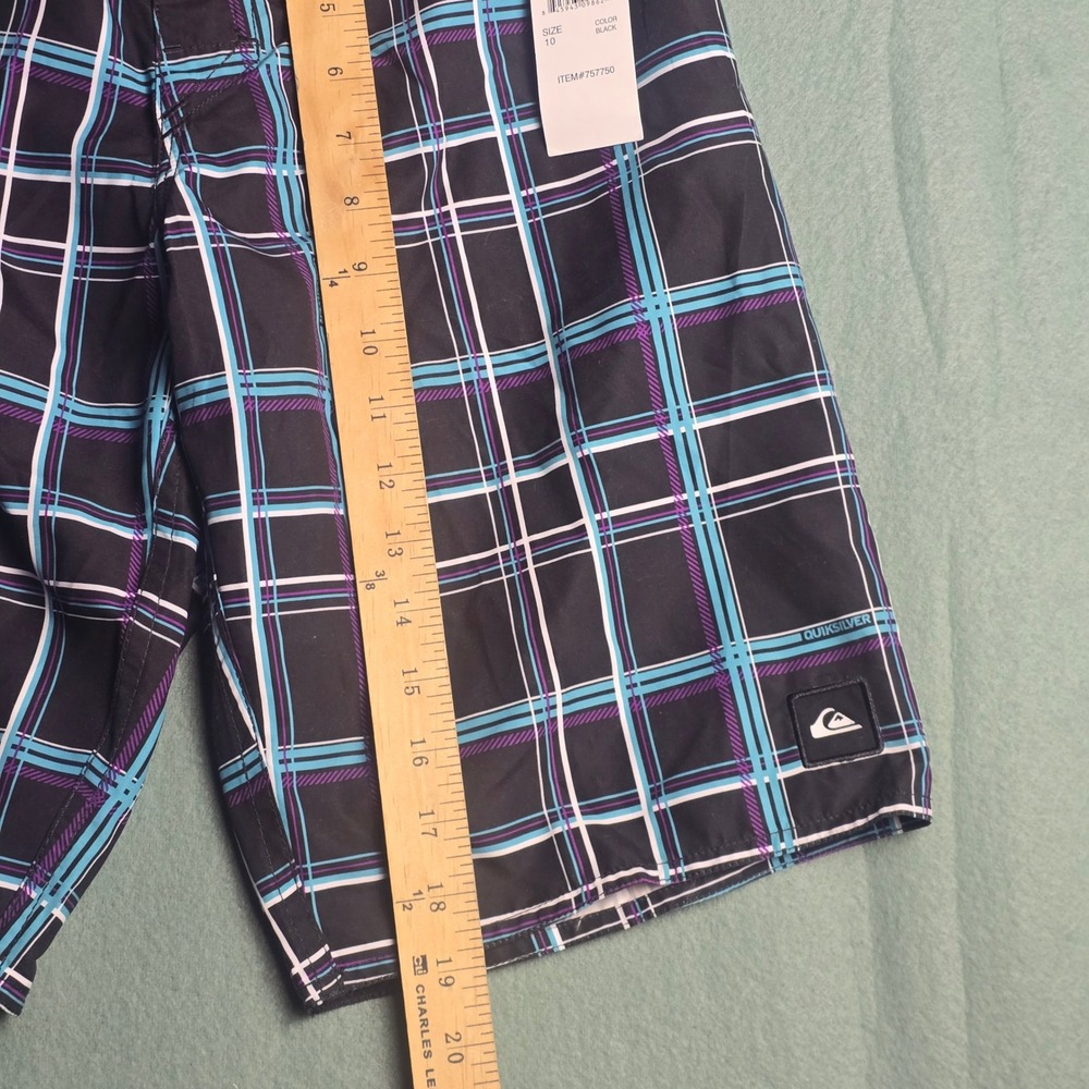 Quiksilver Boys Plaid Board Shorts Black Teal Purple Swim Trunks Size 10 NEW‎ - Picture 5 of 14